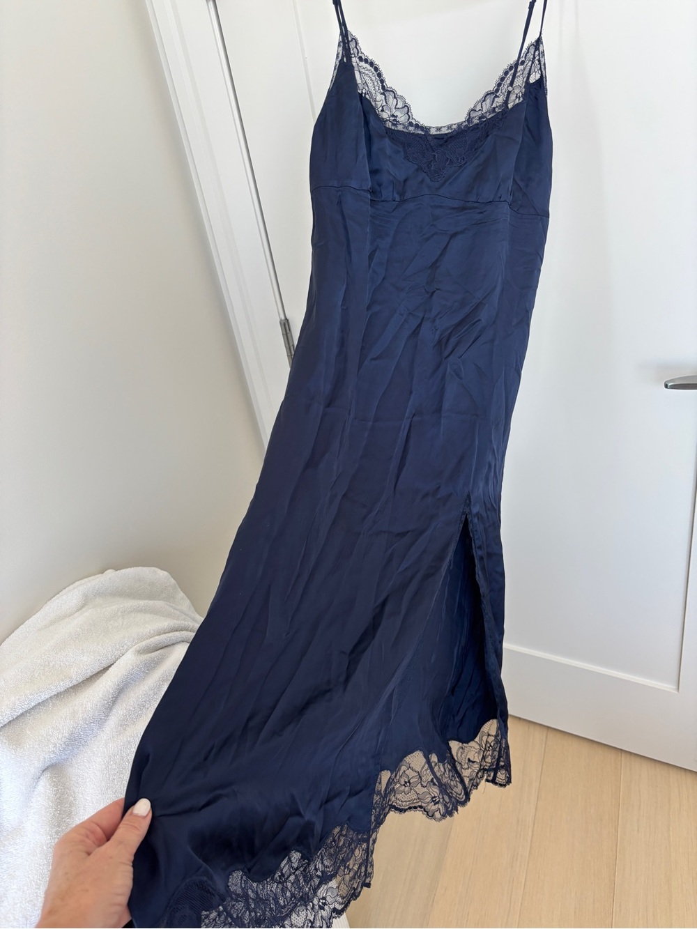 Wilfred Navy Lace-Trim Slip Dress with Side Slit